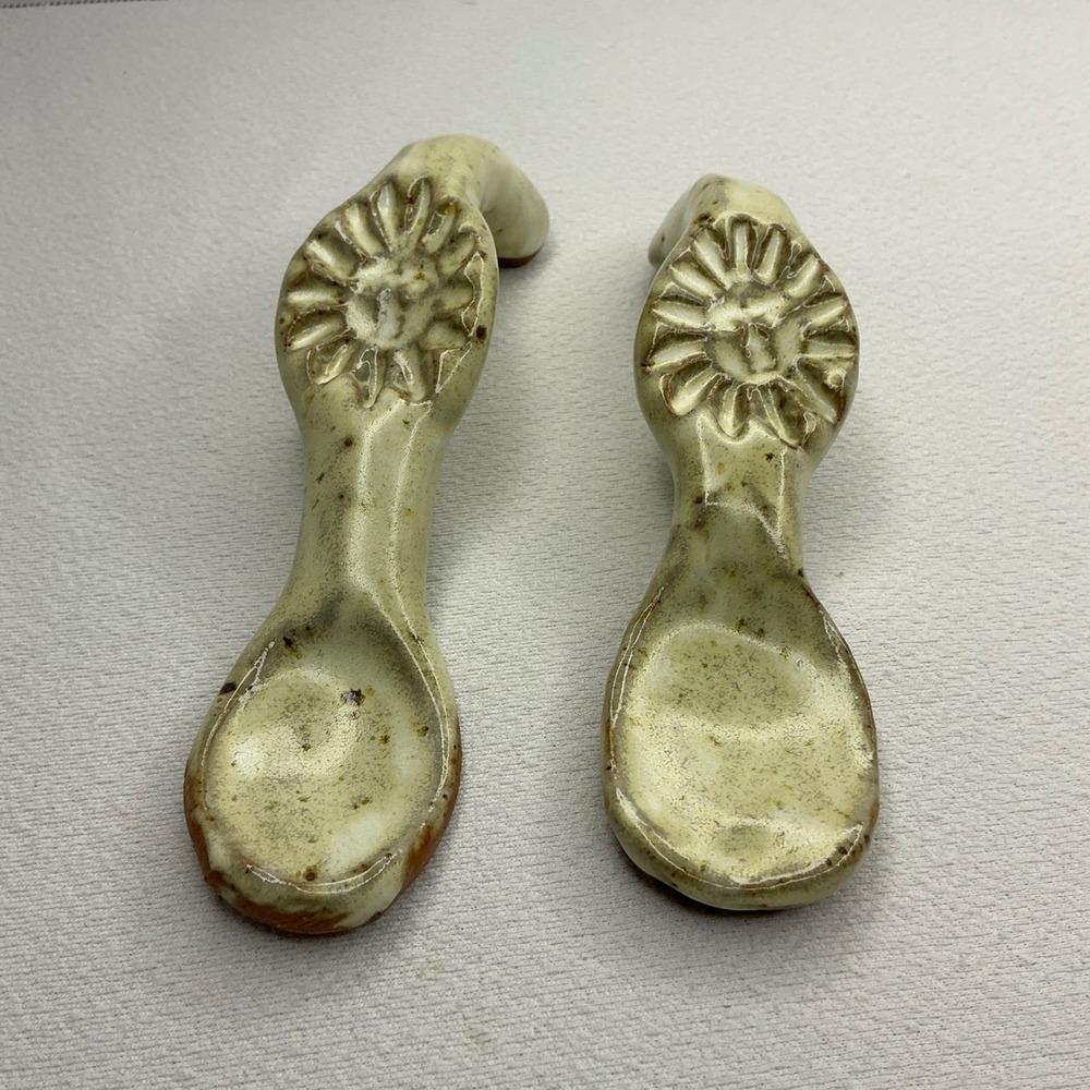 Handmade Studio Pottery Ceramic Spice‎ Spoons Set of 2 Sun Motif Cream Glaze 6in